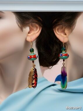 Beaded Feather Earrings w/Swarovski beads and Czech lamp glass